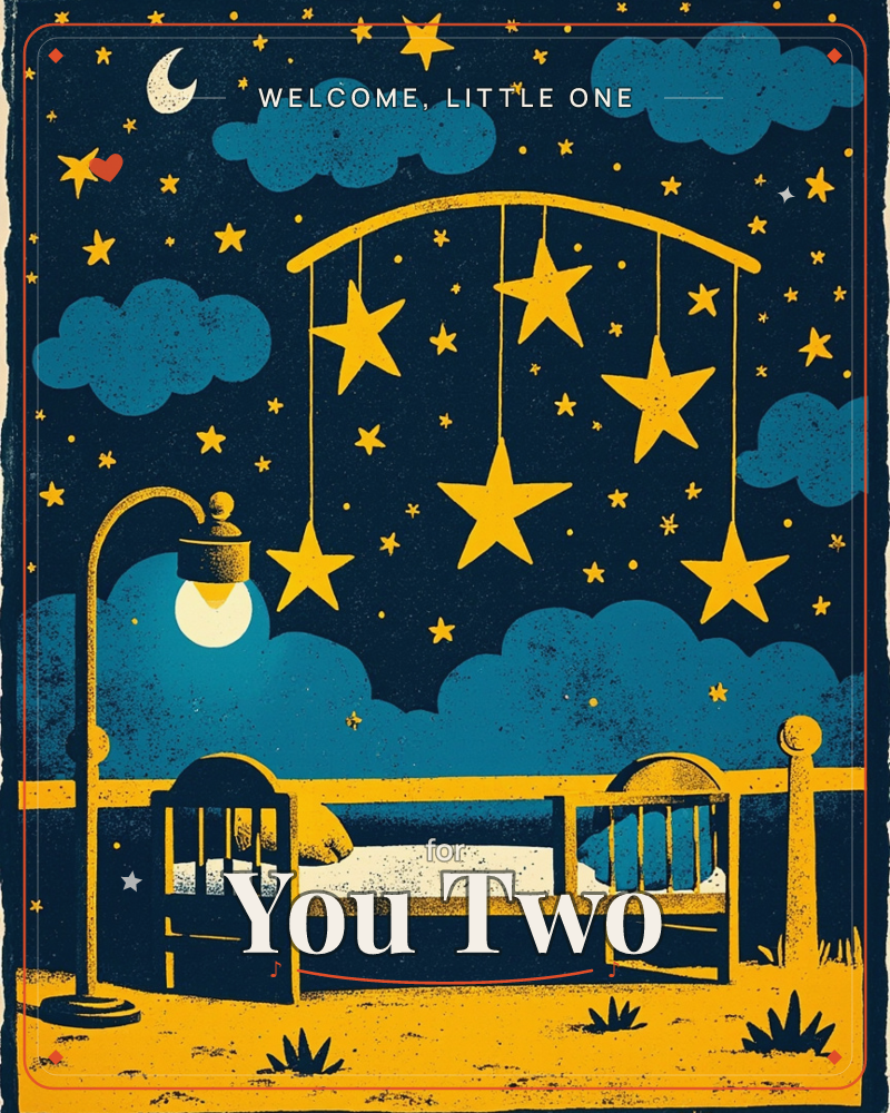 A cosy nursery bed sits beneath a night sky crowded with stars and drifting clouds, a mobile of golden stars hanging from an arched frame above the pillow, a new baby e-card design