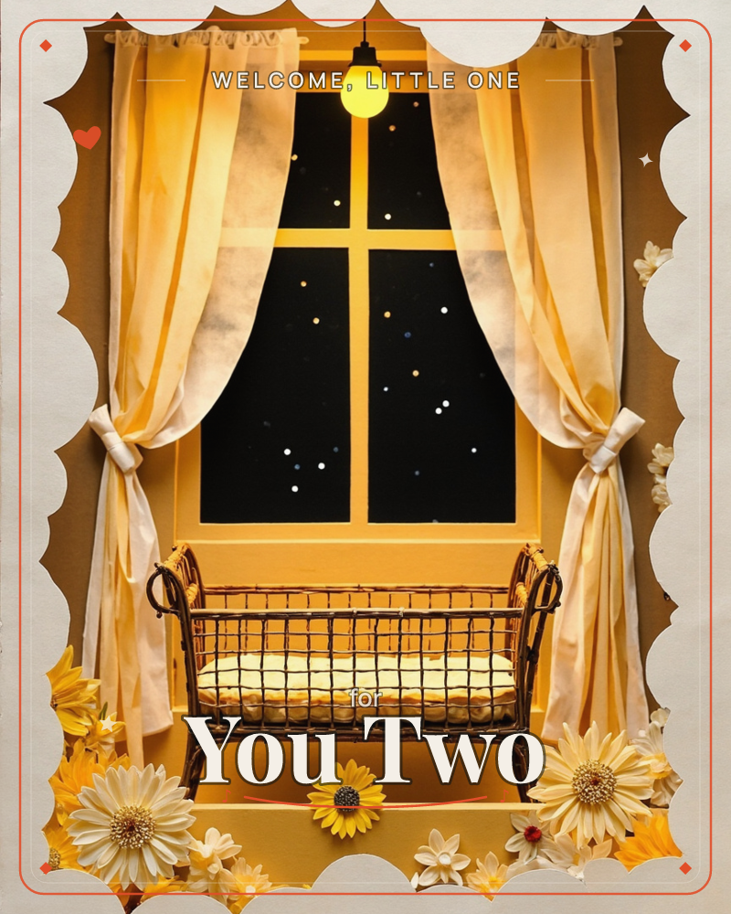 A wicker cradle sits before a tall window framed by tied-back cream curtains, the night sky beyond scattered with soft stars and a single bulb glowing…, a new baby e-card design