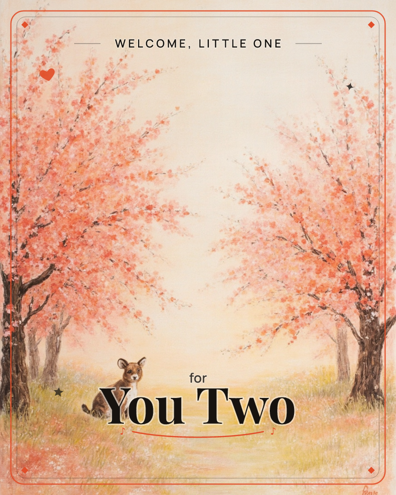 Two cherry blossom trees arch over a soft grassy path, their pink blooms glowing against a warm hazy sky, a new baby e-card design