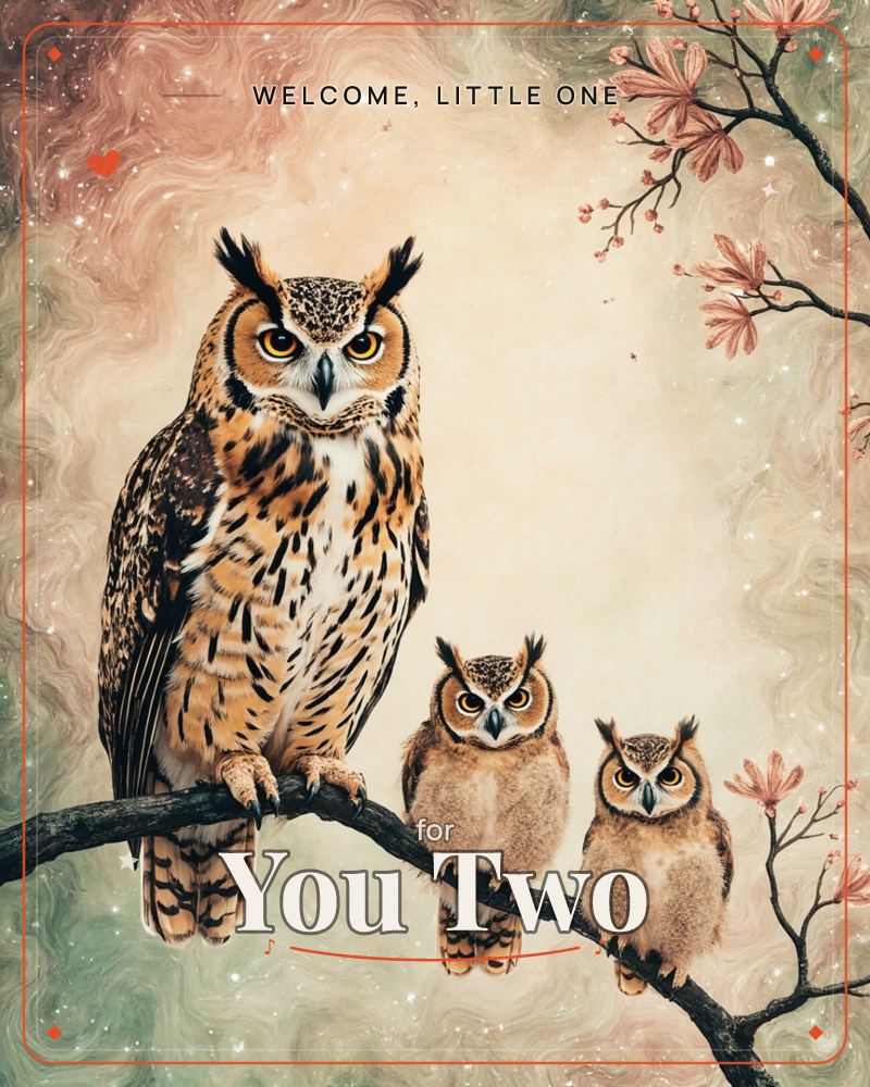 A great horned owl perches on a bare branch with two fluffy owlets beside it, all facing forward with matching golden eyes, a new baby e-card design