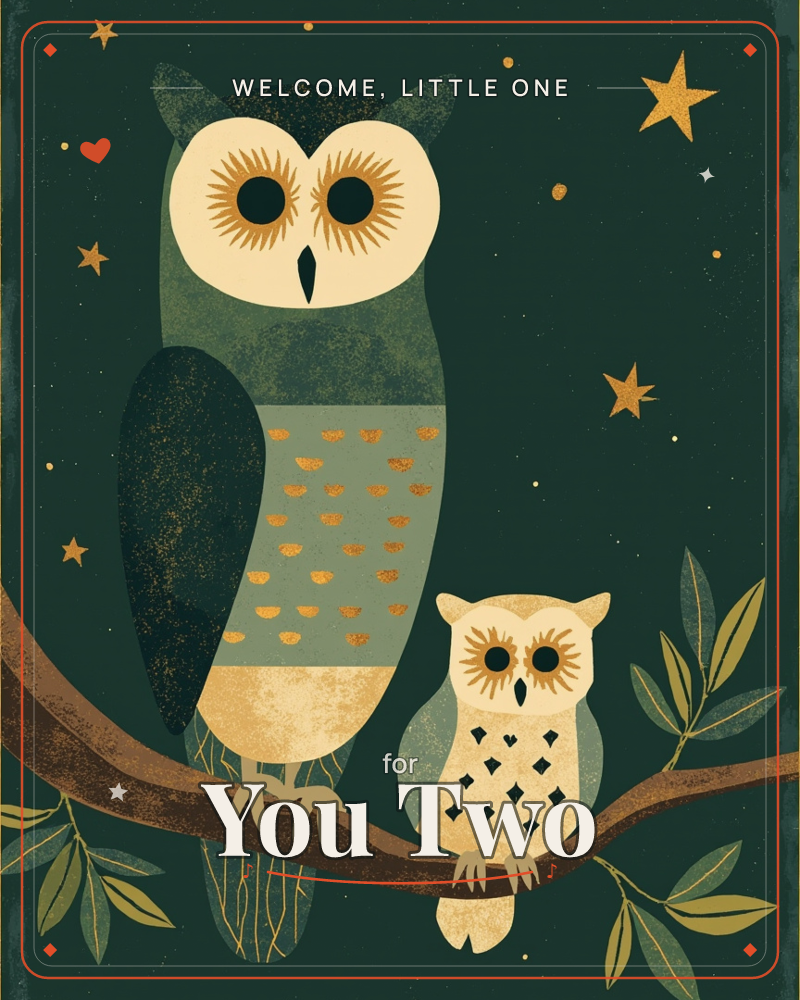 A large owl and a smaller owl perch together on a curved branch against a deep green night sky scattered with gold stars, a new baby e-card design