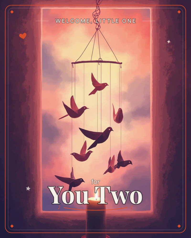 A hanging mobile of paper birds twists gently in silhouette against a window filled with glowing sunset clouds in rose, gold and lavender, a new baby e-card design