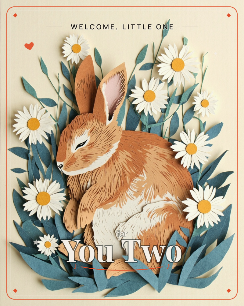 A layered paper-cut rabbit dozes amid tall teal leaves and white daisies with golden centres, its rust-orange fur textured with fine cut lines against…, a new baby e-card design