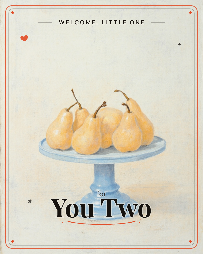 A cluster of golden-yellow pears rests on a pale blue pedestal cake stand, their curved stems pointing up and outward in a loose fan, a new baby e-card design