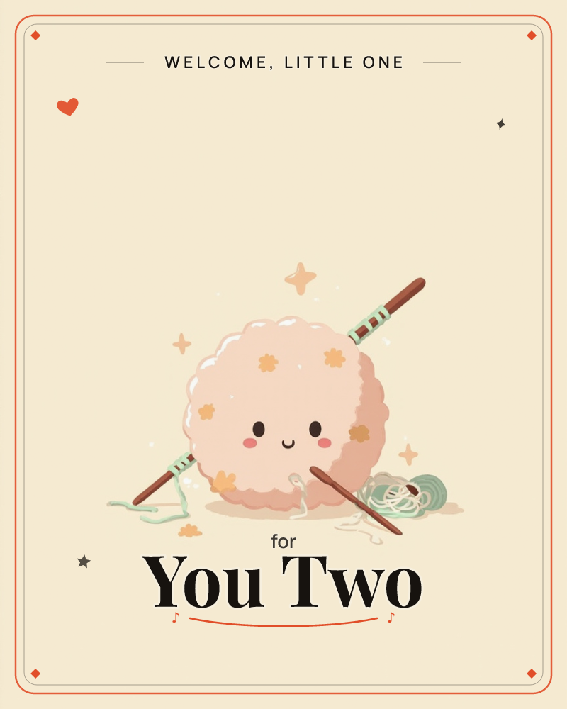 A round, blush-pink cookie character with a happy face sits on a soft cream background, wrapped up in knitting needles and a tangled ball of mint-green…, a new baby e-card design