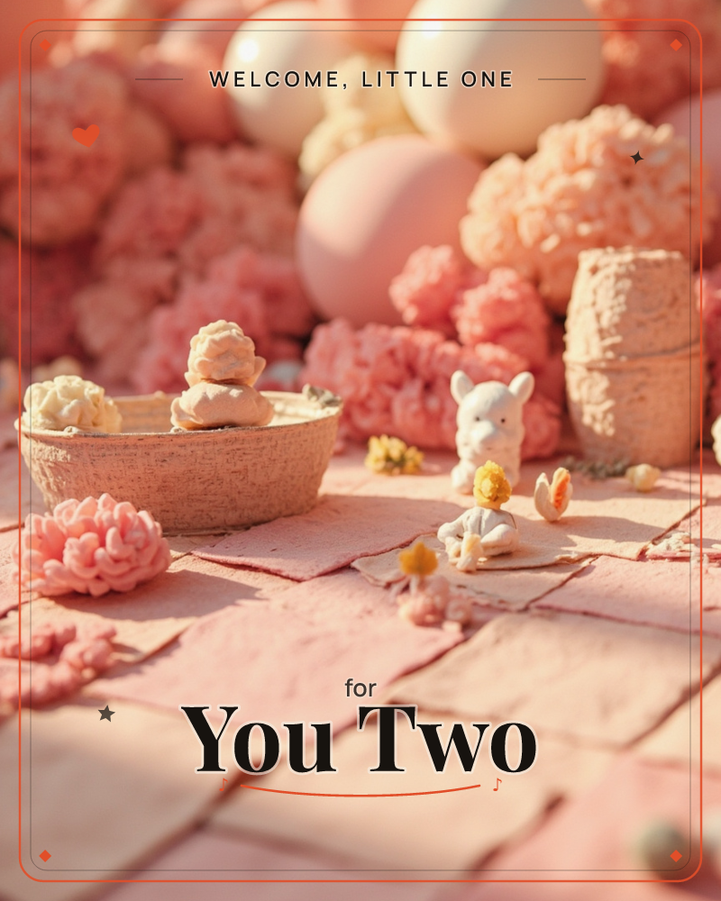 A tiny clay rabbit figure sits on pink stone tiles beside a woven bowl of sculpted meringues, with oversized balloons and pompom flowers glowing softly…, a new baby e-card design