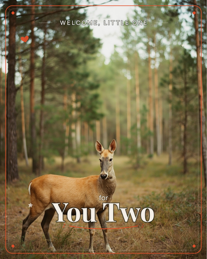 A young deer stands alone on a grassy forest path, tall pines rising straight and pale behind it, caught mid-glance toward the camera, a new baby e-card design