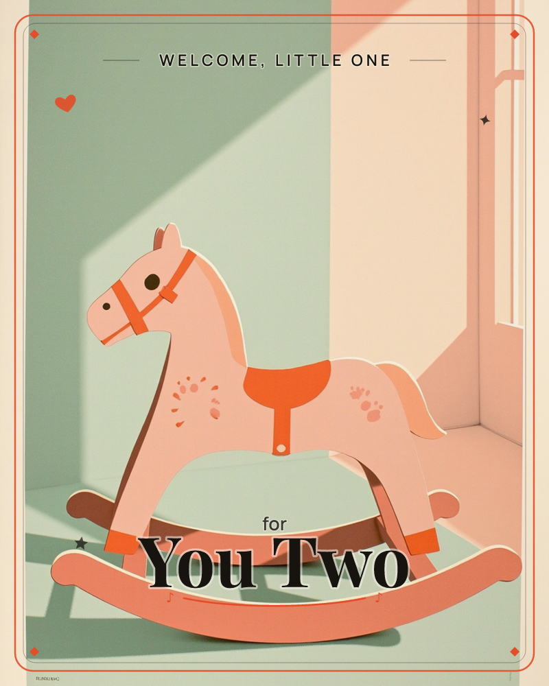 A classic wooden rocking horse stands alone in a quiet nursery, painted pale pink with an orange saddle and bridle, a new baby e-card design