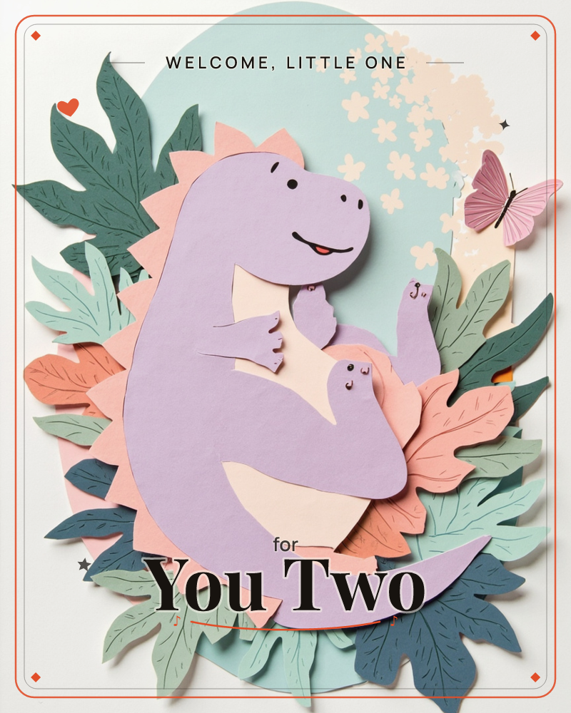 A cheerful purple dinosaur, cut from layered paper, cradles a smaller dino close to its chest against a mint-green backdrop dotted with pale blossoms, a new baby e-card design