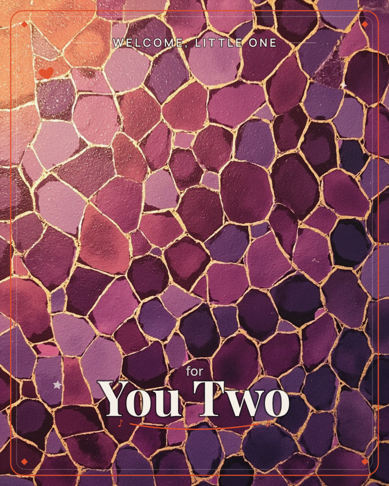 A mosaic of irregular cell-like shapes fills the card, each one outlined in gold and filled with its own shade of purple, plum, or burnt orange, a new baby e-card design