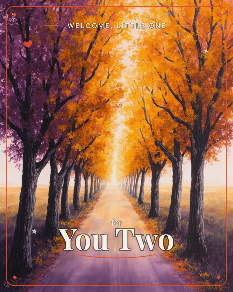 A straight dirt road stretches into a glowing horizon, lined on both sides by tall autumn trees whose leaves shift from deep plum on the left to fiery…, a new baby e-card design