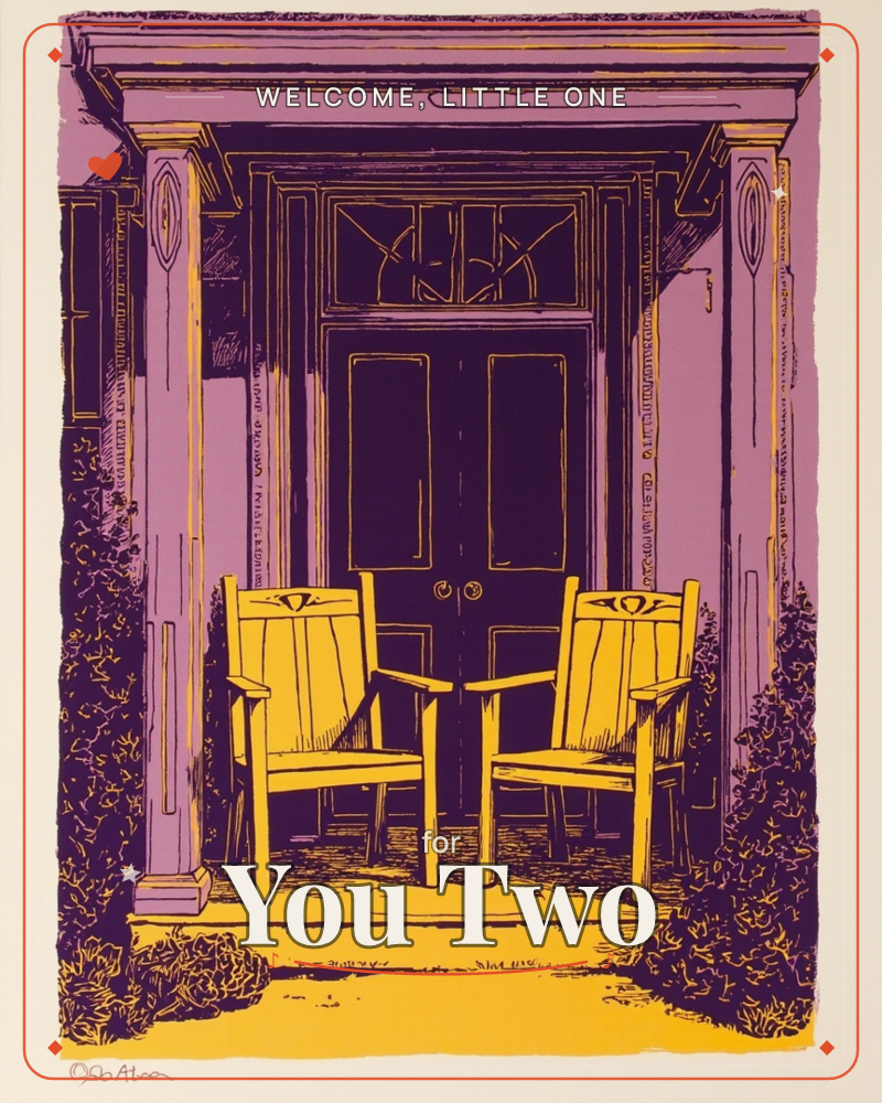 A screenprint-style illustration shows a grand columned doorway with a fanlight window above double doors, framed in bold purple and violet tones, a new baby e-card design