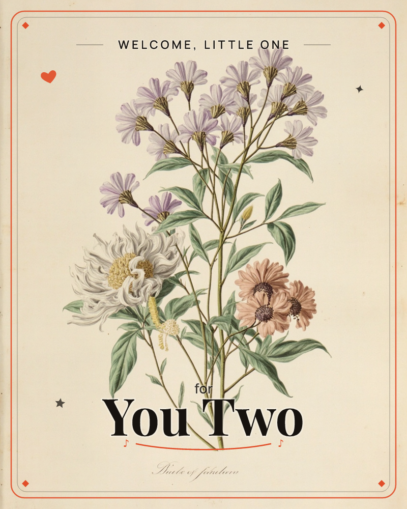 A vintage botanical illustration on aged cream paper shows a mixed spray of blooms: sprays of small lavender star-shaped flowers, a shaggy white…, a new baby e-card design