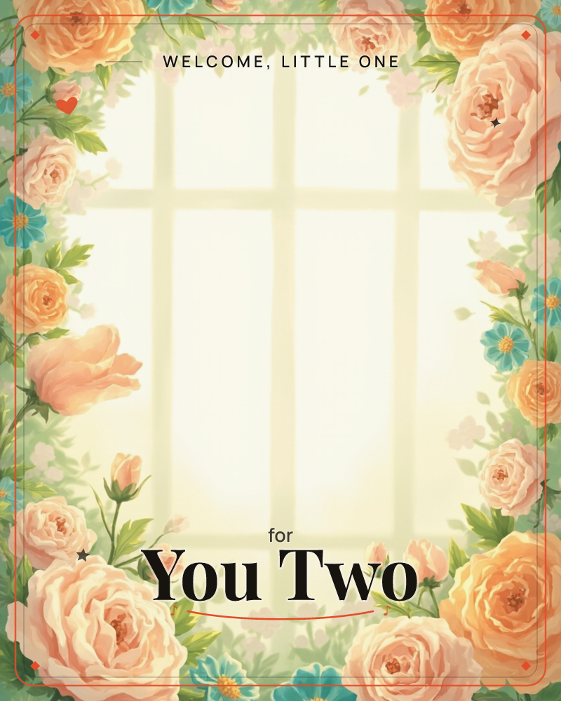 A sunlit windowpane glows softly at the center, framed by a lush wreath of blooming peach and coral roses mixed with small turquoise daisies and sprigs…, a new baby e-card design