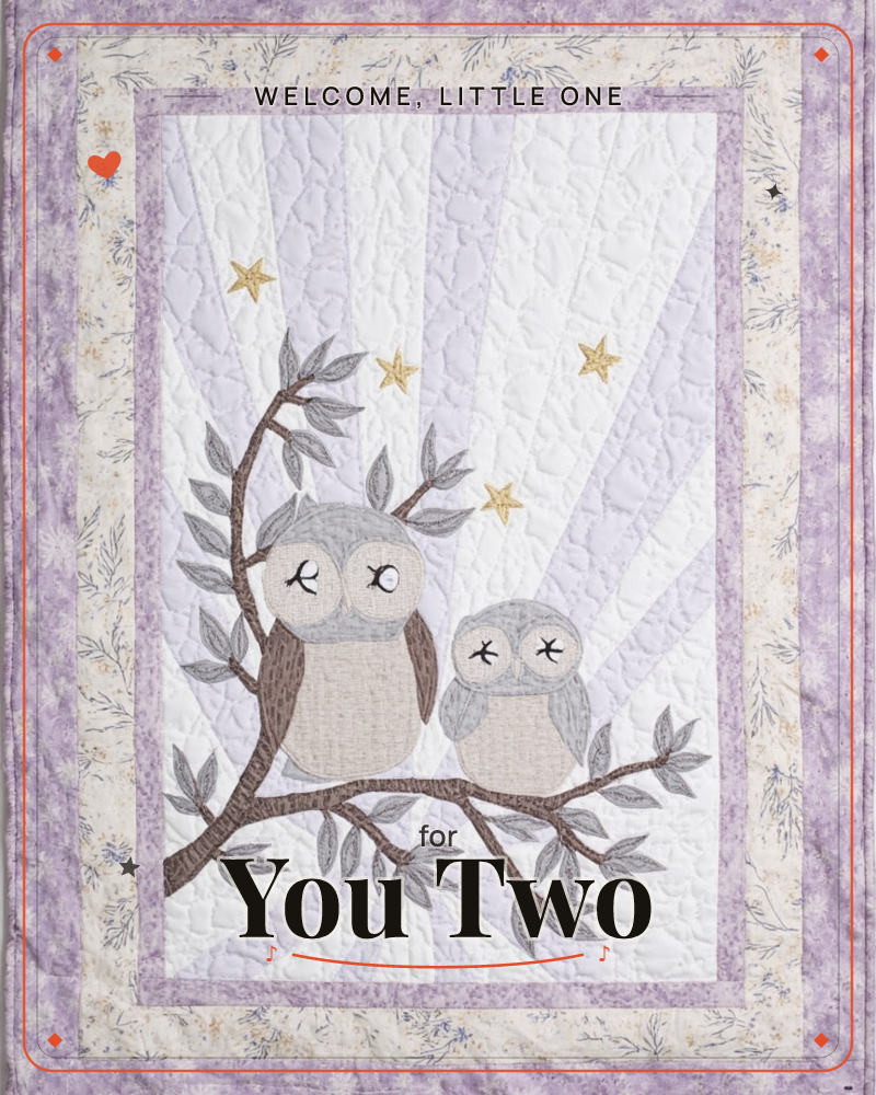 A quilted textile illustration shows two sleepy owls, one large and one small, perched together on a leafy branch beneath a star-scattered sky rendered…, a new baby e-card design