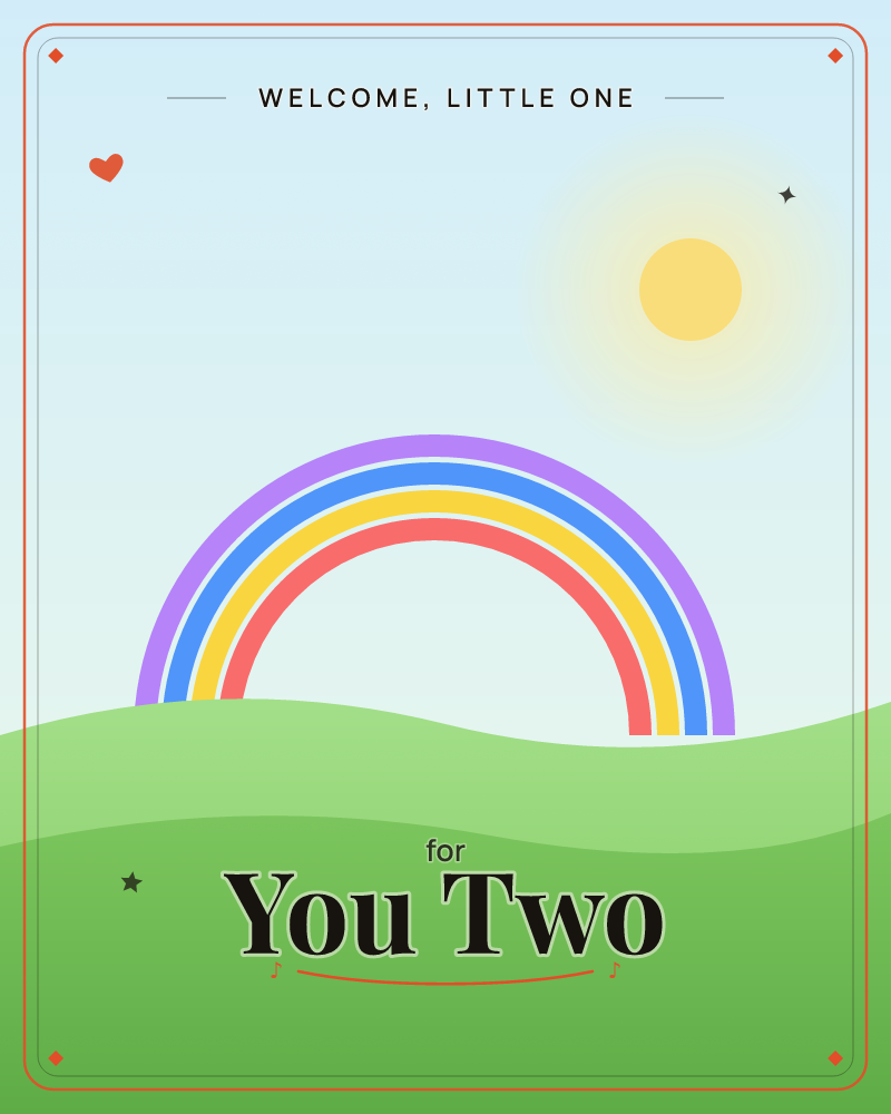 A bright rainbow arcs over rolling green hills under a pale sky, with a soft yellow sun glowing in the upper corner, a new baby e-card design by @DittyCityTeam