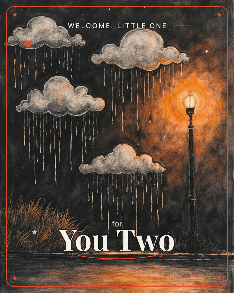 A dark, textured night sky holds four soft grey clouds trailing thin streaks of rain, each one lit faintly from below by the warm amber glow of a…, a new baby e-card design