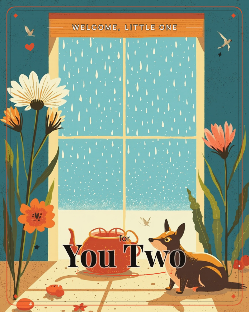 A stylised window streaked with falling rain fills the centre of this card, framed by a warm wooden lintel and cream shutters, a new baby e-card design