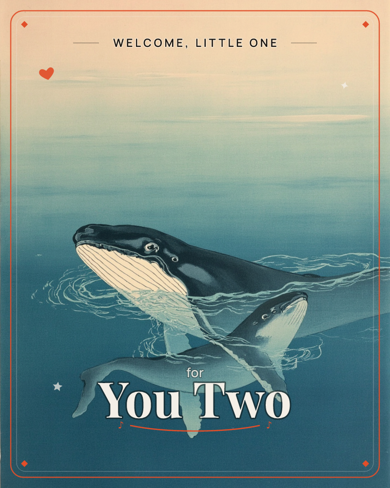 Two humpback whales rise together through calm, deep-blue water, one breaching close to the surface with its pale ridged throat visible, the other…, a new baby e-card design