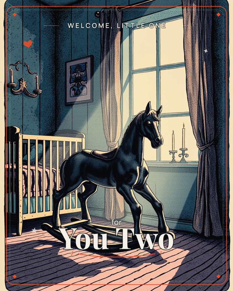 A dark wooden rocking horse stands beside a crib in a nursery lit by tall curtained windows, candlesticks resting quietly on the sill, a new baby e-card design