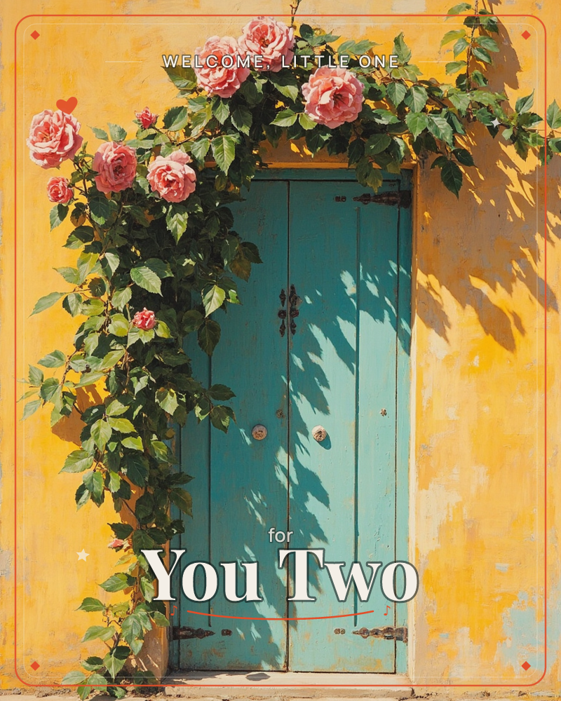 A weathered teal wooden door is set into a sun-bleached mustard-yellow wall, its old hinges and iron latch showing years of use, a new baby e-card design