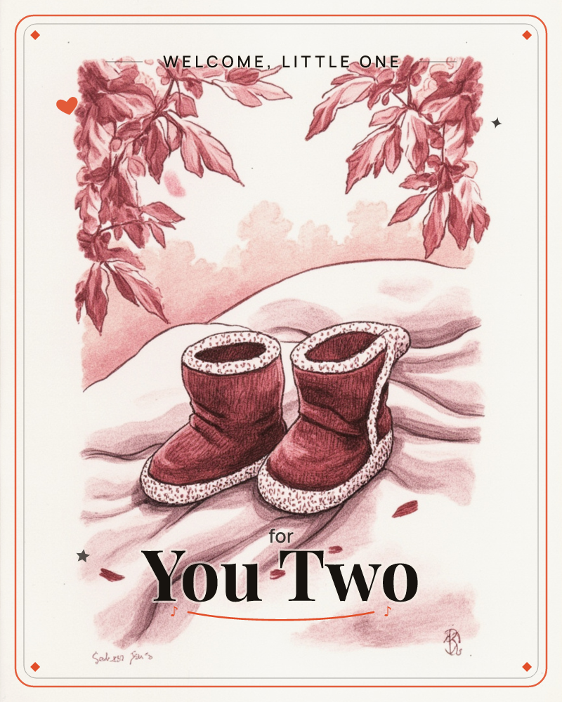A pair of fur-trimmed winter boots sits alone in drifted snow, framed by overhanging autumn leaves still clinging to a branch above, a new baby e-card design