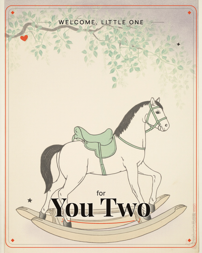 A cream-coated rocking horse with a sage-green saddle and bridle stands on its wooden rockers beneath a canopy of delicate hanging leaves, painted in a…, a new baby e-card design