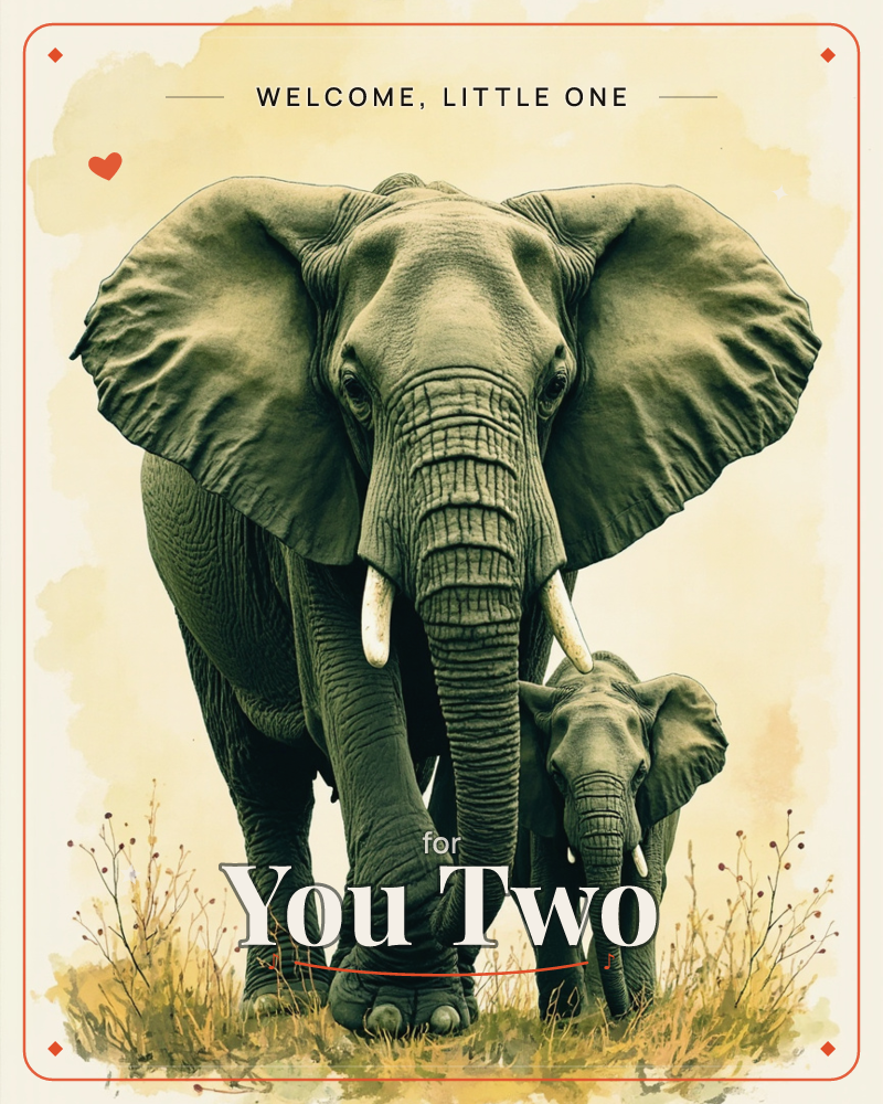 A large elephant strides straight toward the viewer with ears spread wide, its calf close beside it, both rendered in muted olive-green tones against a…, a new baby e-card design