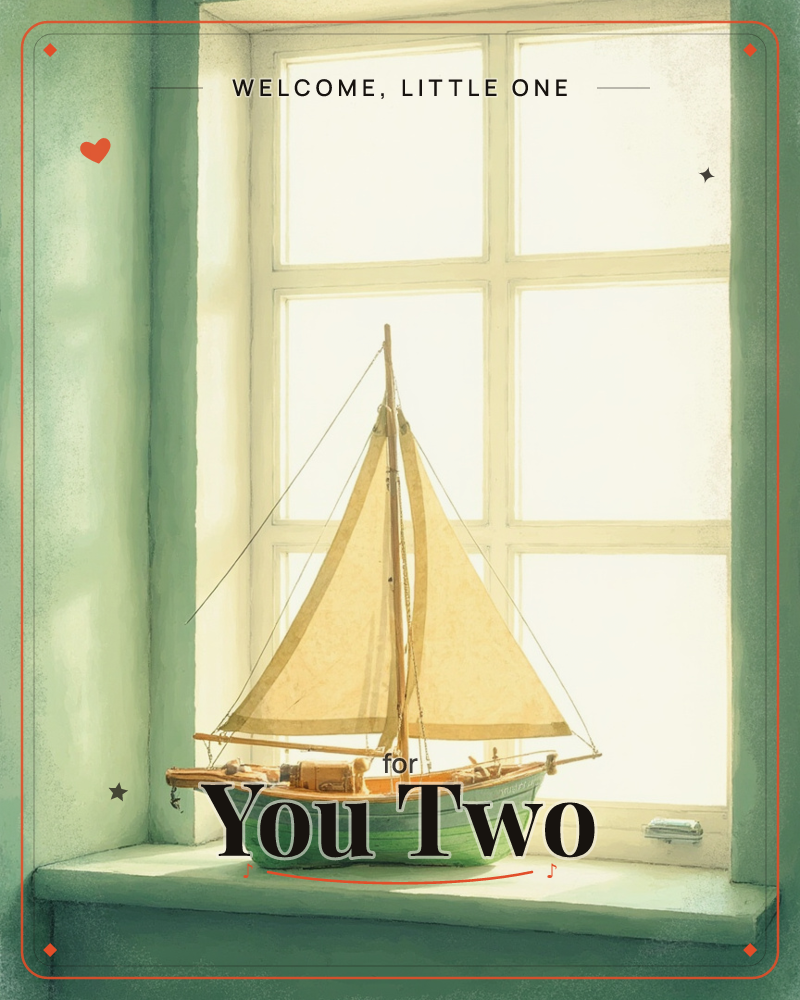 A wooden model sailboat rests on a windowsill, its cream sails catching the soft, hazy daylight pouring through a paned window, a new baby e-card design