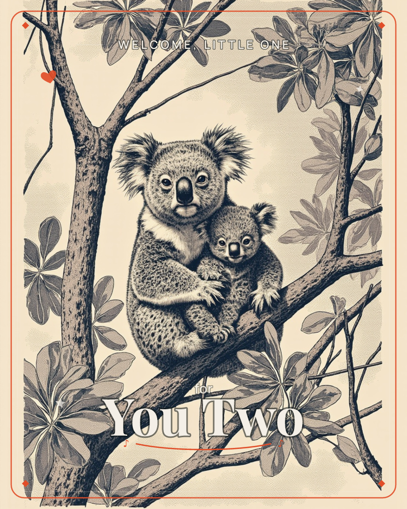 A finely etched illustration shows an adult koala perched on a gum tree branch, cradling a smaller koala against its chest amid thick clusters of leaves, a new baby e-card design
