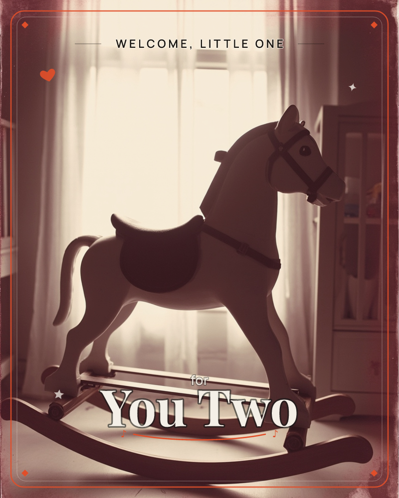 A wooden rocking horse stands in silhouette before a sunlit, sheer-curtained window, its carved mane and leather saddle catching the warm backlight, a new baby e-card design