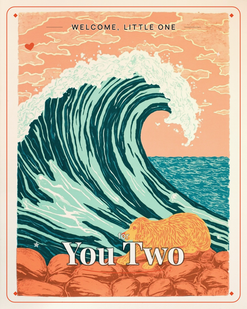 A golden dog crouches on a rocky shore as a huge teal wave curls overhead against a peach-toned sky full of scalloped clouds, a new baby e-card design