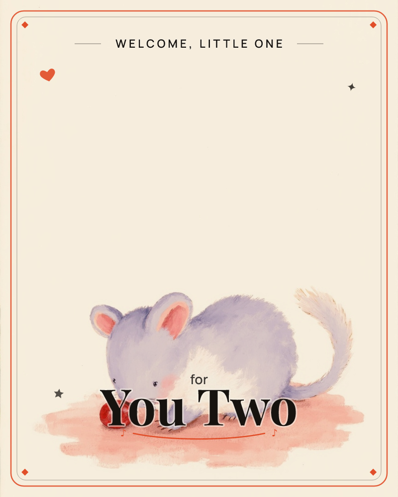 A round, soft lavender-grey mouse with a fluffy cream tail crouches low over a single glossy red berry, sniffing it with whiskers outstretched, a new baby e-card design
