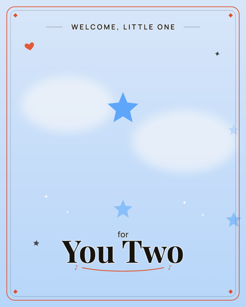 A soft blue sky is dotted with a few blurred, cotton-like clouds and scattered flat blue stars of different sizes, a new baby e-card design by @DittyCityTeam