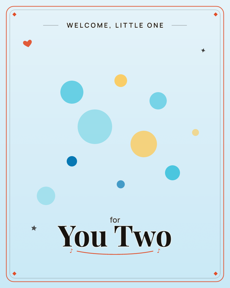 A soft pale-blue background is scattered with simple flat circles in varying sizes, drifting like bubbles or confetti caught mid-float, a new baby e-card design by @DittyCityTeam