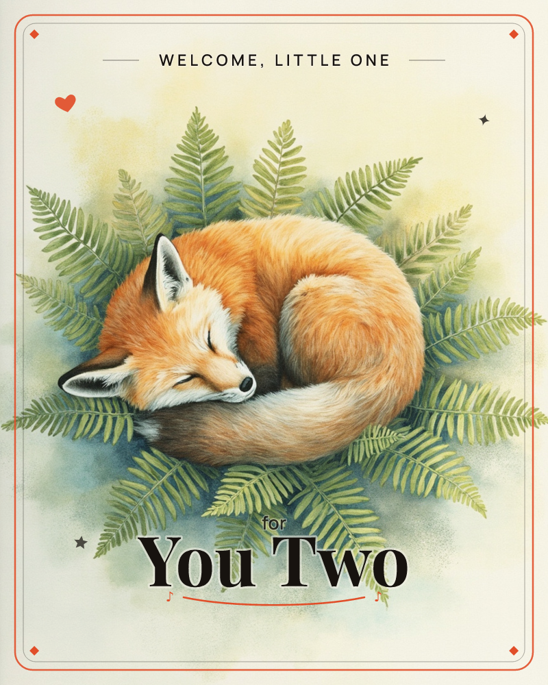 A red fox curls into a tight, sleeping circle, nose tucked beneath its bushy tail, resting on a starburst of green fern fronds, a new baby e-card design