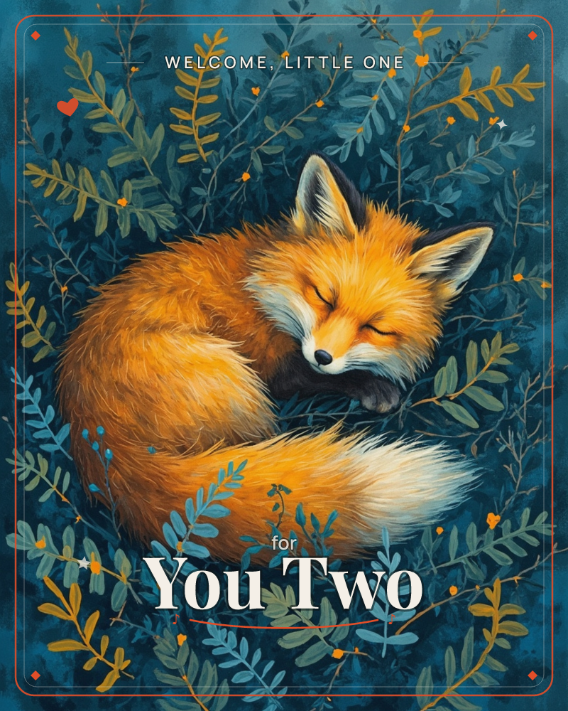 A red fox curls into a tight, sleeping circle, nose tucked beneath its bushy white-tipped tail, surrounded by dark teal foliage sprinkled with tiny…, a new baby e-card design