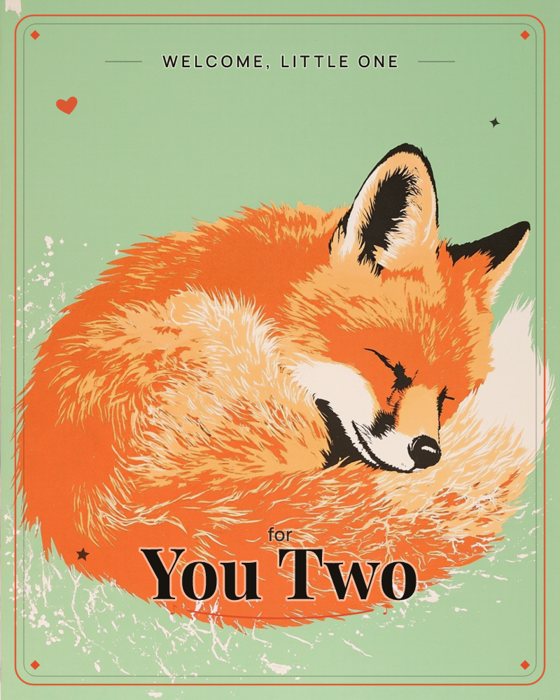 A red fox curls into a tight, sleeping ball against a flat sage-green background, its bushy tail wrapped around to meet its nose, a new baby e-card design