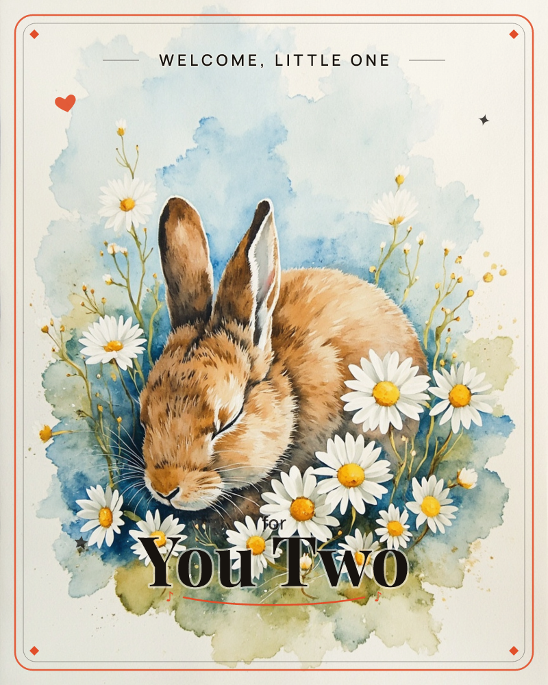 A soft brown rabbit curls with eyes closed, nestled among a ring of white daisies with golden centres, painted in loose watercolour washes of sky blue…, a new baby e-card design
