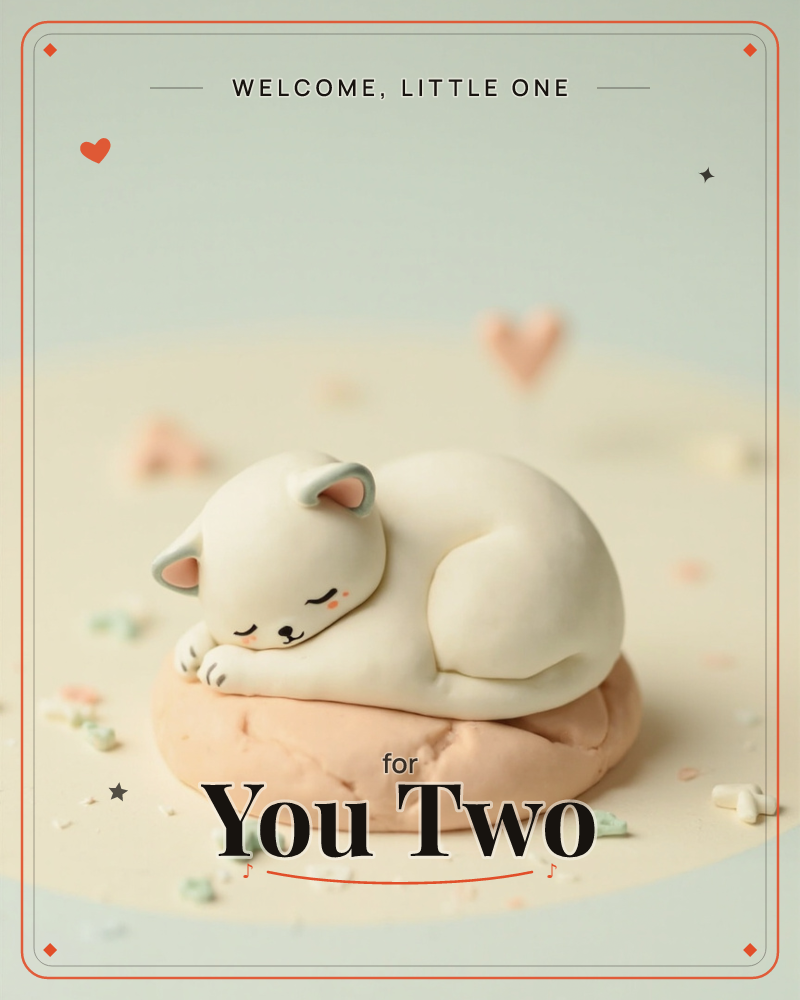 A claymation-style white cat curls up asleep on a soft peach cushion, its rosy cheeks and closed eyes giving it a sweet, dozing calm, a new baby e-card design