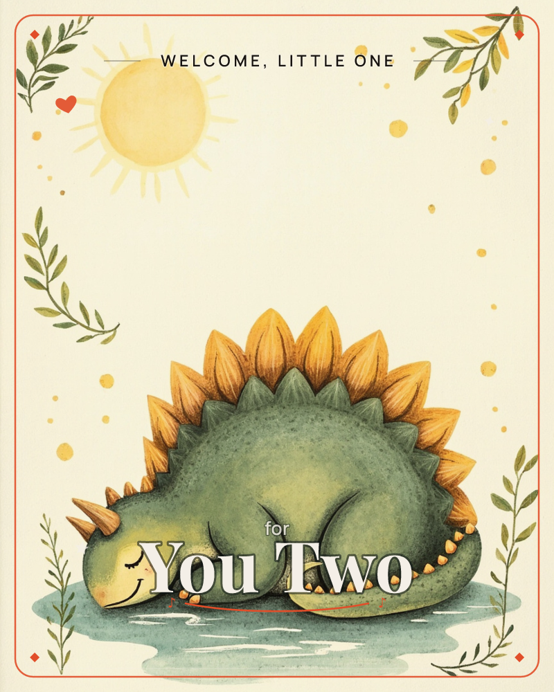 A plump green stegosaurus curls up asleep on a soft blue puddle-shadow, its golden spiked plates and tail spikes glowing warm against a cream background, a new baby e-card design
