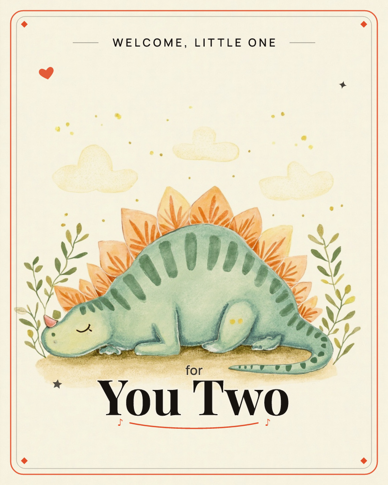 A gentle watercolour stegosaurus lies curled and dozing on soft ground, its rounded orange plates glowing like sunset feathers along its back, a new baby e-card design