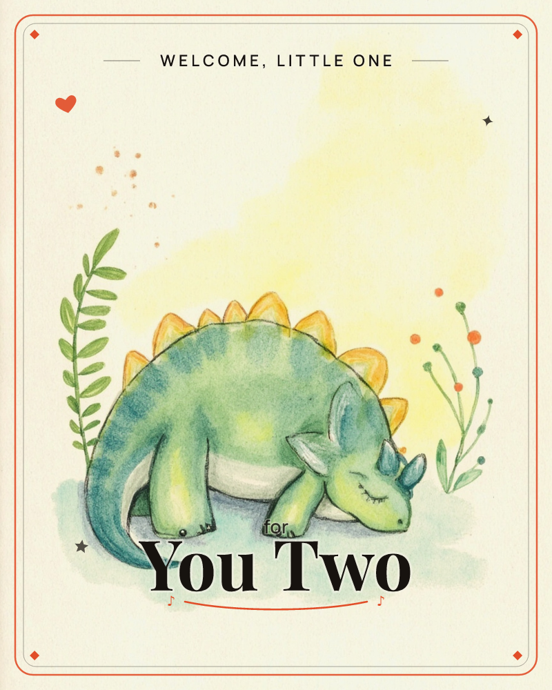 A round, sleepy green dinosaur curls up on the ground with its eyes closed, orange spines running along its back and a soft yellow watercolour glow…, a new baby e-card design
