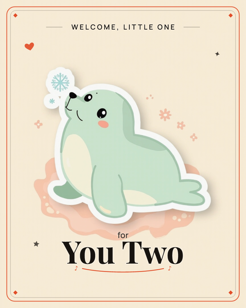 A sticker-style illustration shows a plump mint-green baby seal with rosy cheeks, balancing a snowflake on its nose while perched on a soft coral-pink…, a new baby e-card design