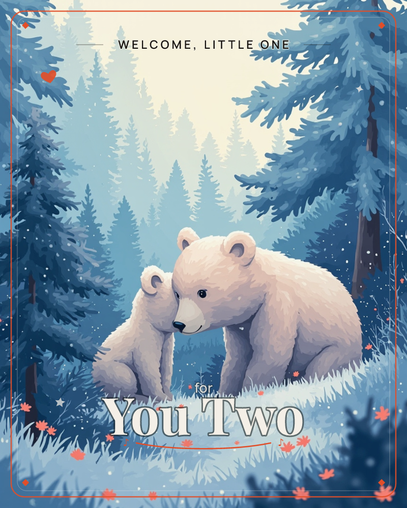 A pale bear nuzzles its cub nose-to-nose in a hushed blue-toned forest, snow-dusted pine boughs framing them on either side, a new baby e-card design