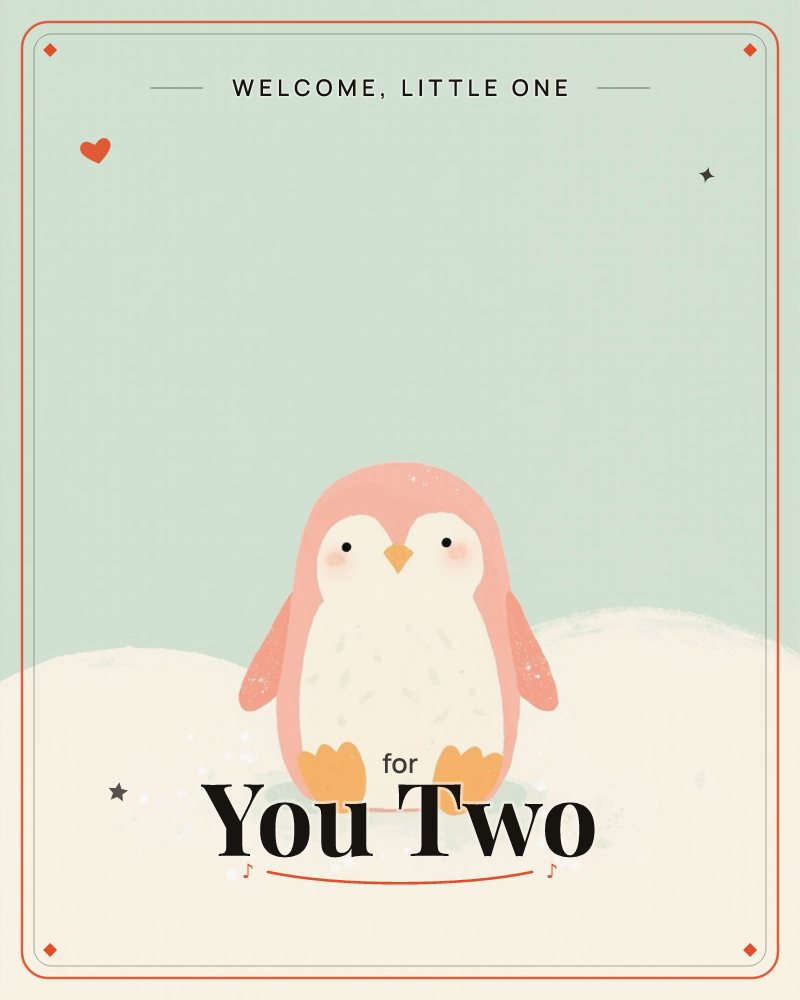 A single round pink penguin sits on a snowy mound against a flat mint-green sky, its white belly speckled with texture and orange feet tucked beneath it, a new baby e-card design