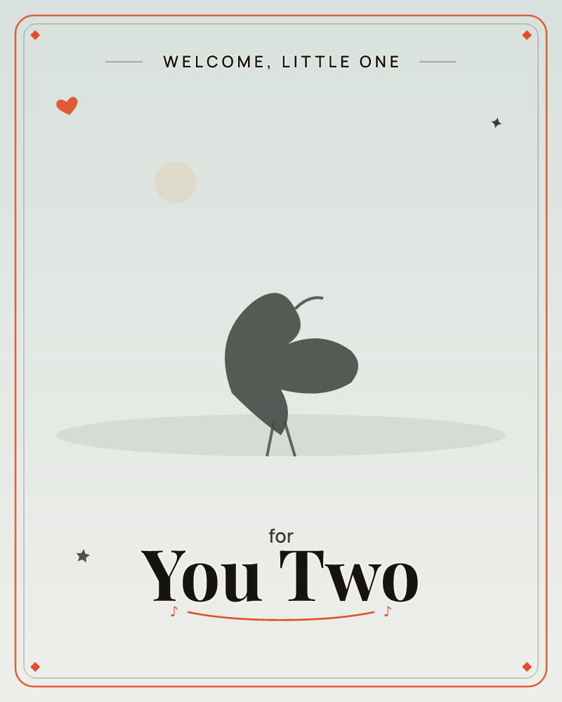 A minimalist illustration shows a single dark, blob-shaped bird-like creature with thin stick legs, standing on a pale oval patch of ground under a…, a new baby e-card design by @DittyCityTeam