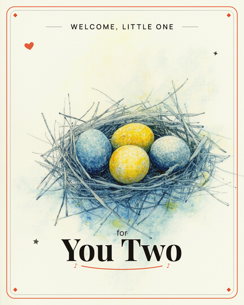 A woven twig nest cradles four speckled eggs, two dusty blue and two mottled yellow, rendered in fine watercolour and pen detail, a new baby e-card design
