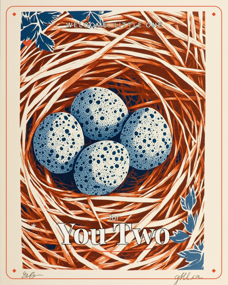A woven bird's nest of rust-orange and cream twigs fills the frame, cradling four speckled blue-grey eggs at its centre, a new baby e-card design