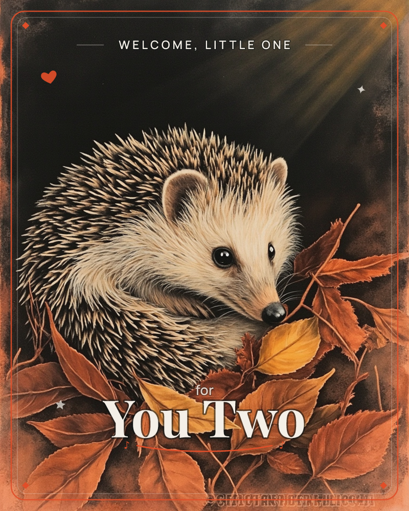 A curled hedgehog rests among a drift of curling autumn leaves, its dark eyes and nose catching a shaft of light that falls diagonally through an…, a new baby e-card design